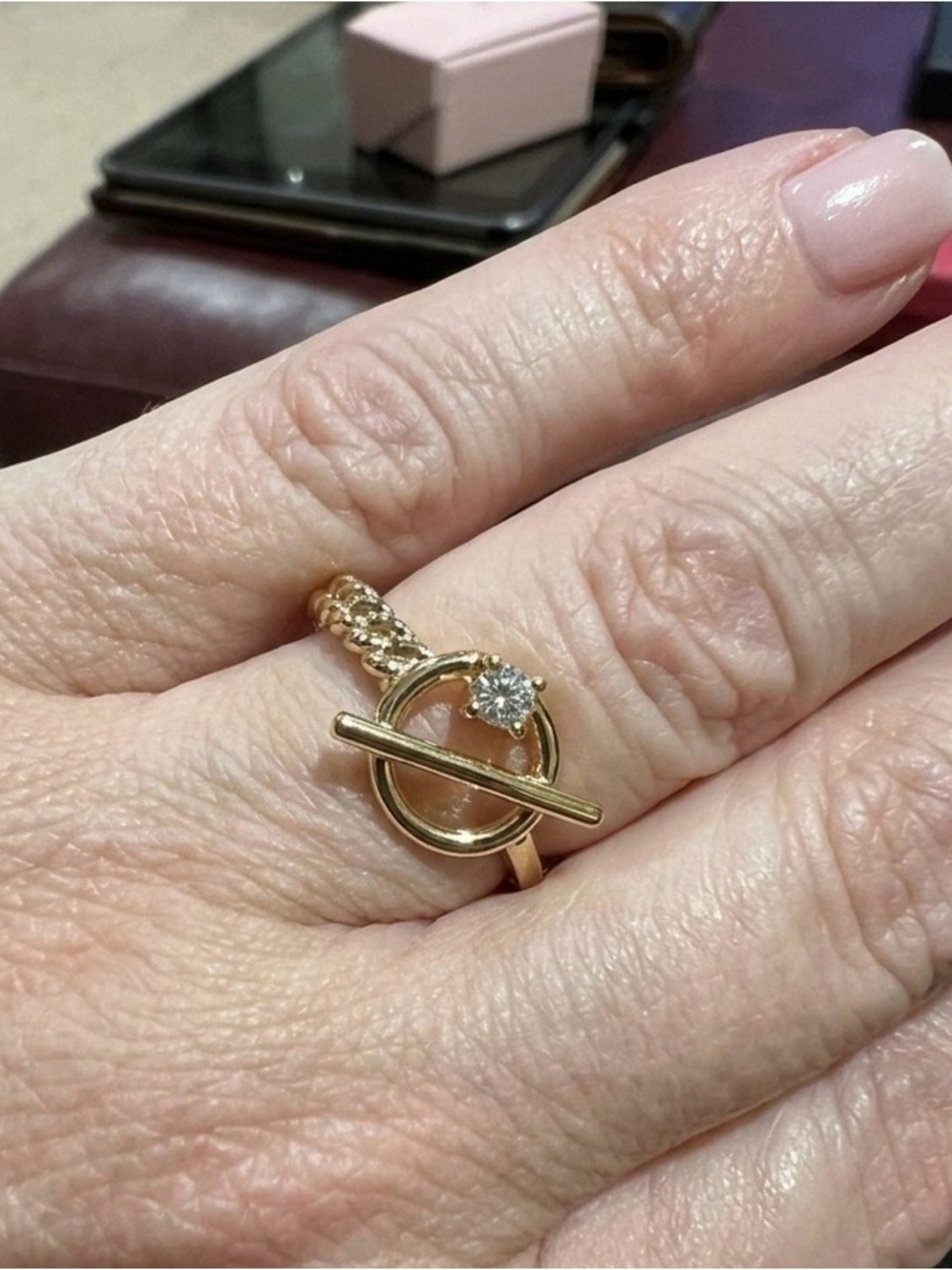 Adina Eden Gold Toggle Circle Ring with Solitaire CZ Accent Adjustable Size - Picture 3 of 5